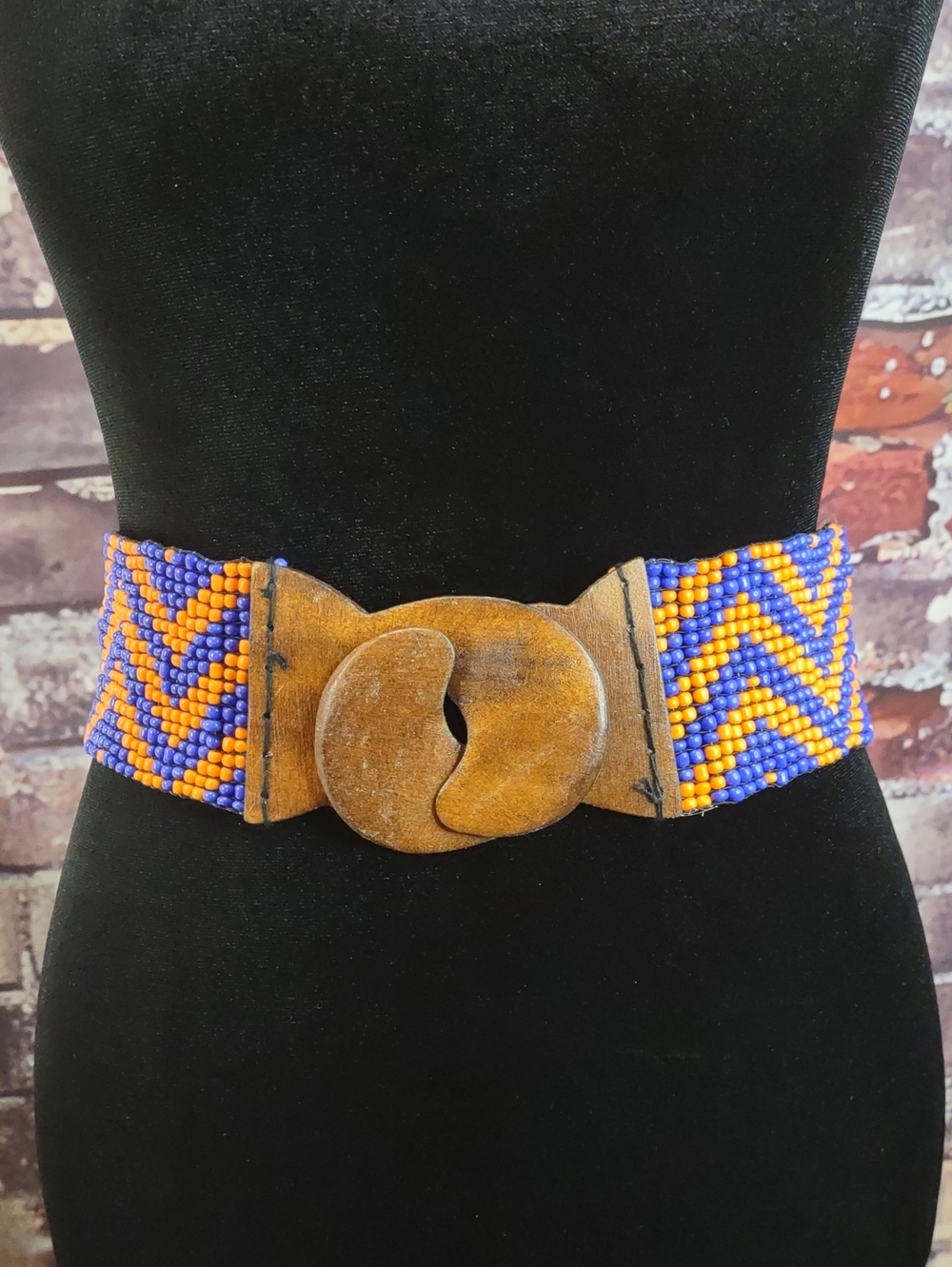 Artisan Crafted Beaded Stretch Belt With Wooden Buckle